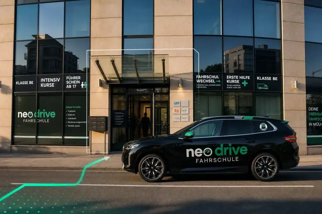 Fahrzeug steht vor der Fahrschule Neo Drive in Mülheim